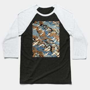 FLYING WHITE CRANES ON BLUE WATERS AND SPRING FLOWERS Gold Teal Blue Japanese Floral Baseball T-Shirt